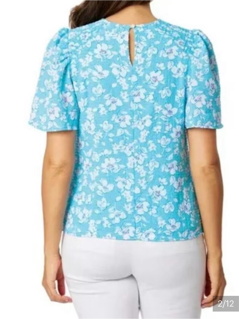 Draper James Flutter Sleeve Blouse XL Blue Floral Smocked Top Cottagecore Preppy - Picture 8 of 11